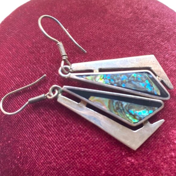 Vintage silver and abalone Mexican dangle earrings stamped 925 Mexico TC-209 - Picture 2 of 12